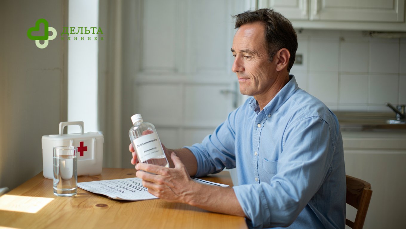 Мужчина сидит на кухне перед бутылкой спирта